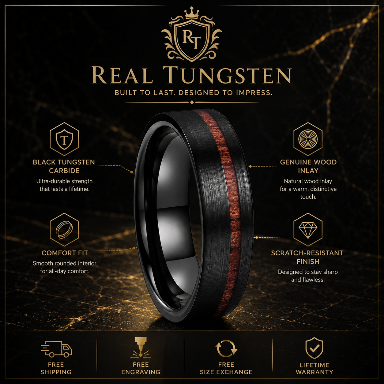 Black Tungsten Ring With wood inlay