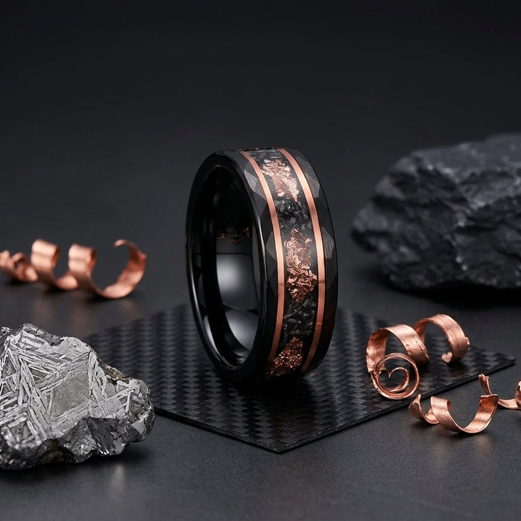 Black Tungsten Ring with Rose Gold Foil & Meteorite (8mm)