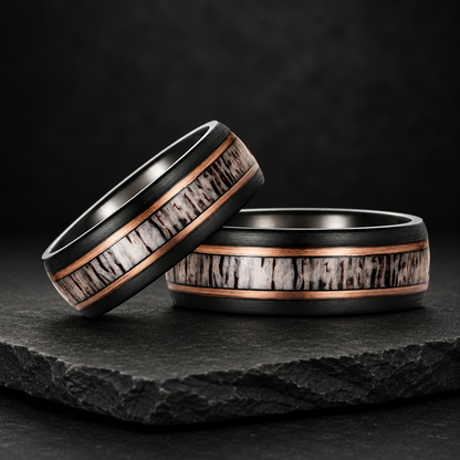 Black Tungsten Ring with Deer Antler & Rose Gold Strip