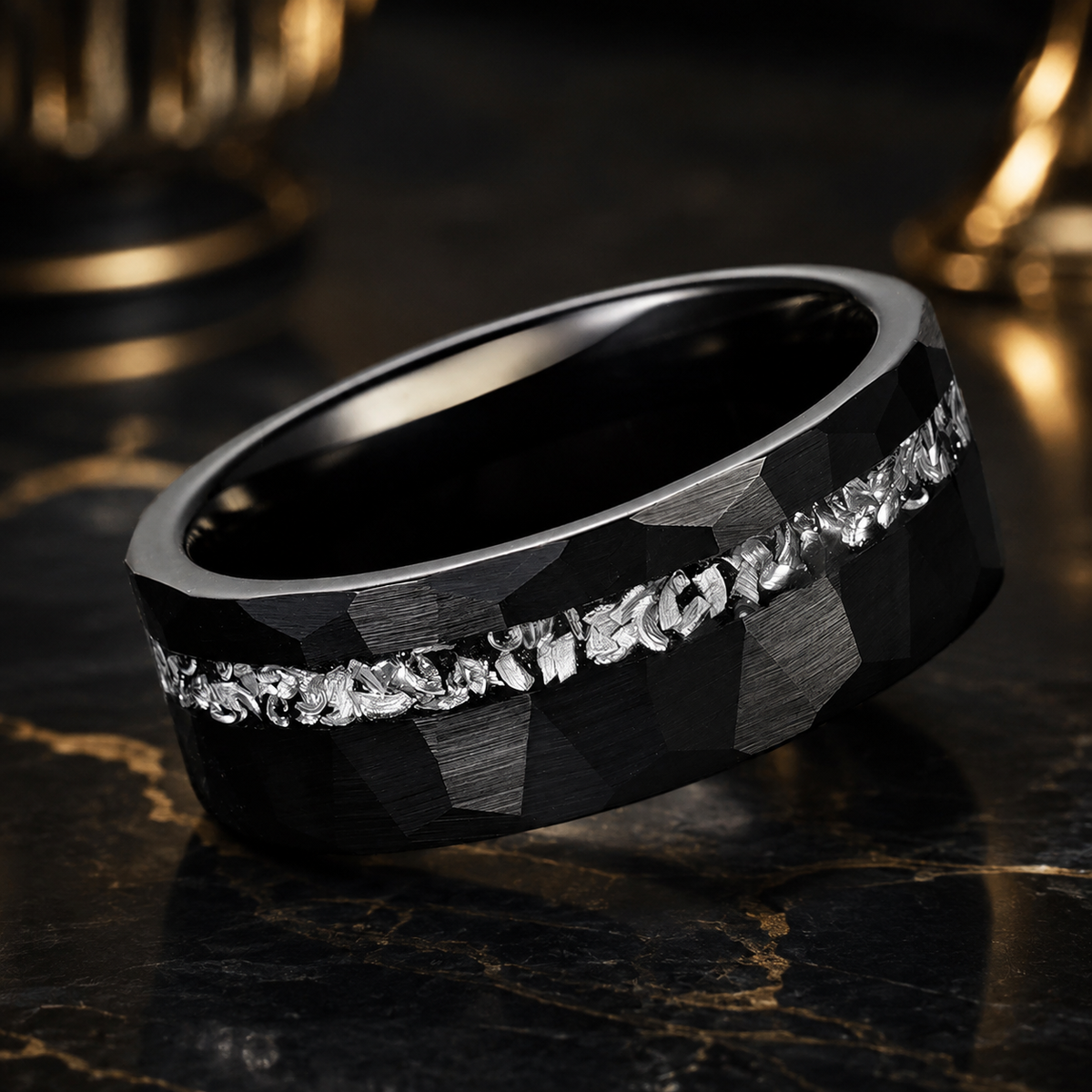 Black Tungsten Ring with Genuine Meteorite Inlay