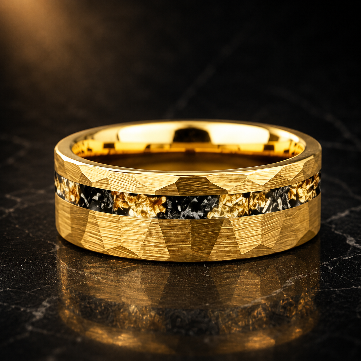 Black Tungsten Ring with Meteorite Gold Foil Inlay