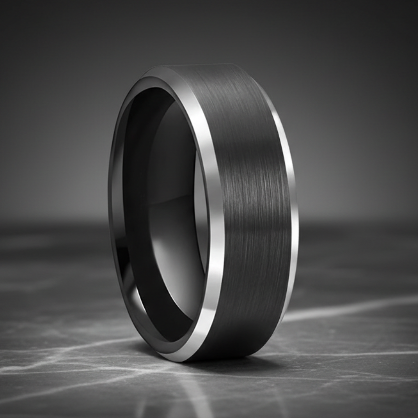 Black Tungsten Ring 8mm – Diagonal Polished Wedding Band