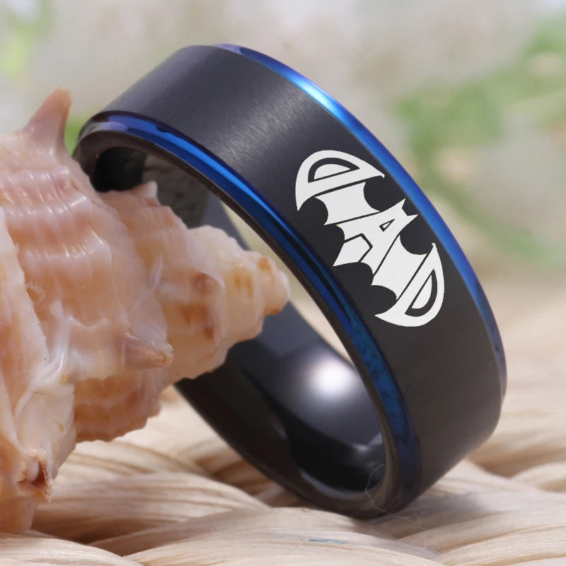 Black Tungsten Ring – Blue Inlay ‘Super Dad’ Bat Design