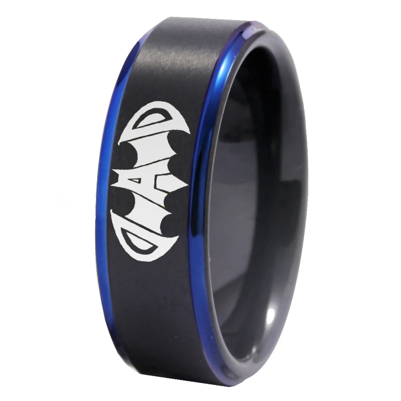 Black Tungsten Ring – Blue Inlay ‘Super Dad’ Bat Design