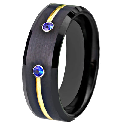 Black Tungsten Ring Golden Groove Blue CZ