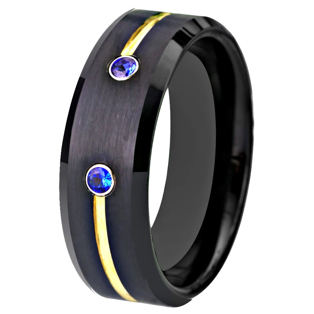 Black Tungsten Ring Golden Groove Blue CZ