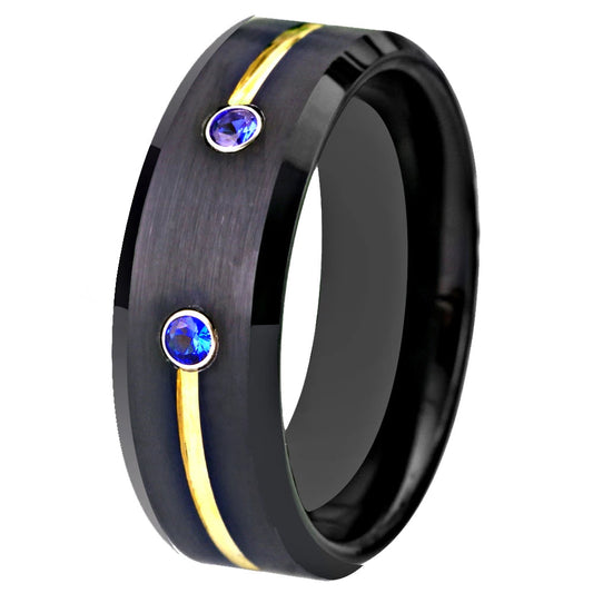 Black Tungsten Ring Golden Groove Blue CZ
