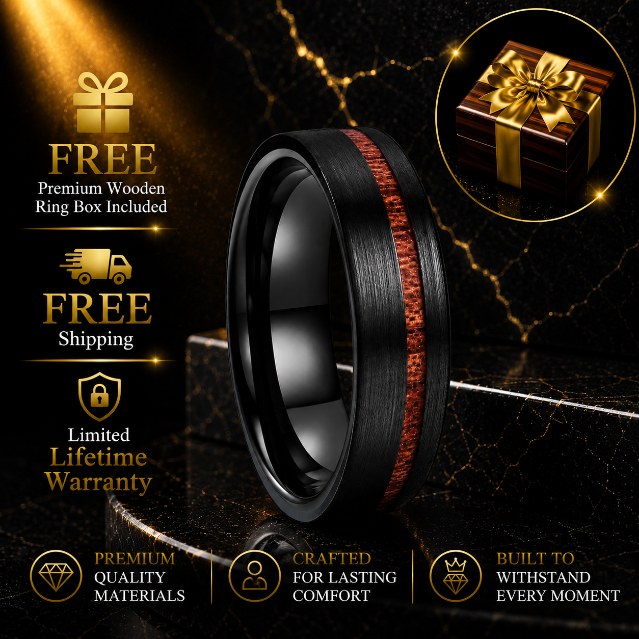 Black Tungsten Ring With wood inlay