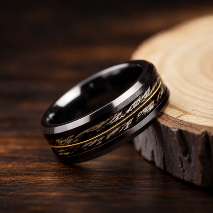 Tungsten Ring With Gray Oak Wood and Guitar String Inlay