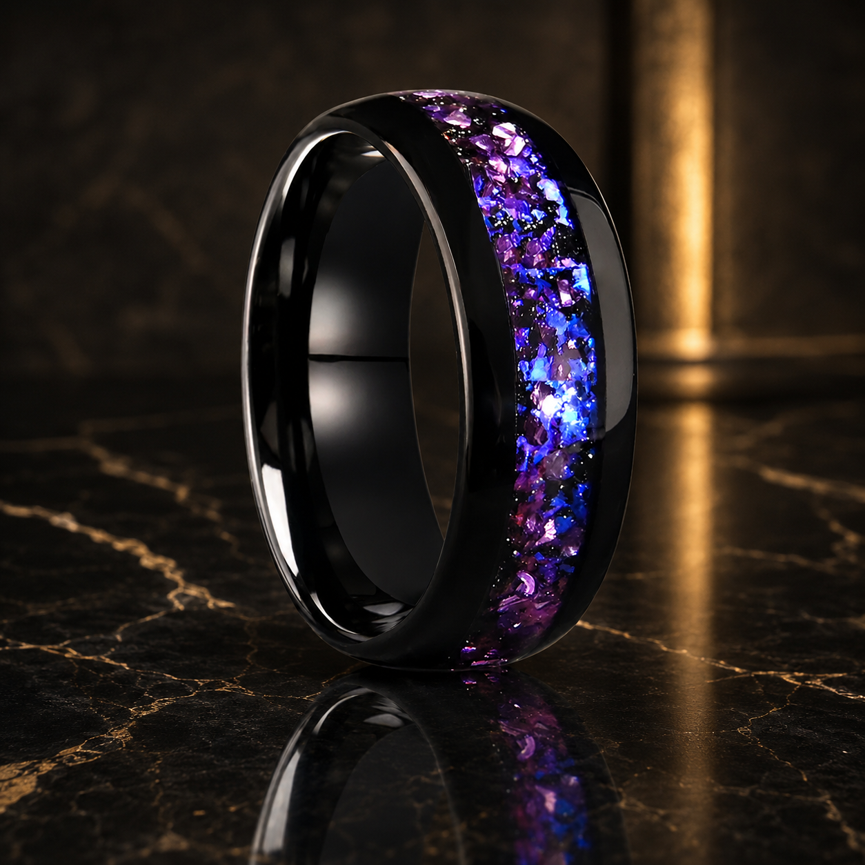 Black Tungsten Ring with Amethyst Inlay