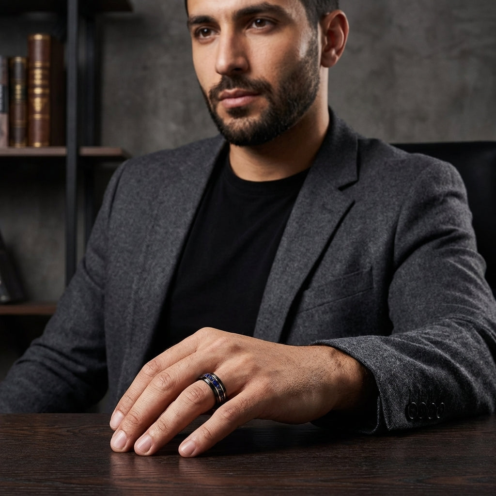 Black Tungsten Ring with Gold Edge and Lapis Lazuli Inlay