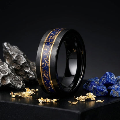 Black Tungsten Ring with Gold Edge & Lazuli Inlay