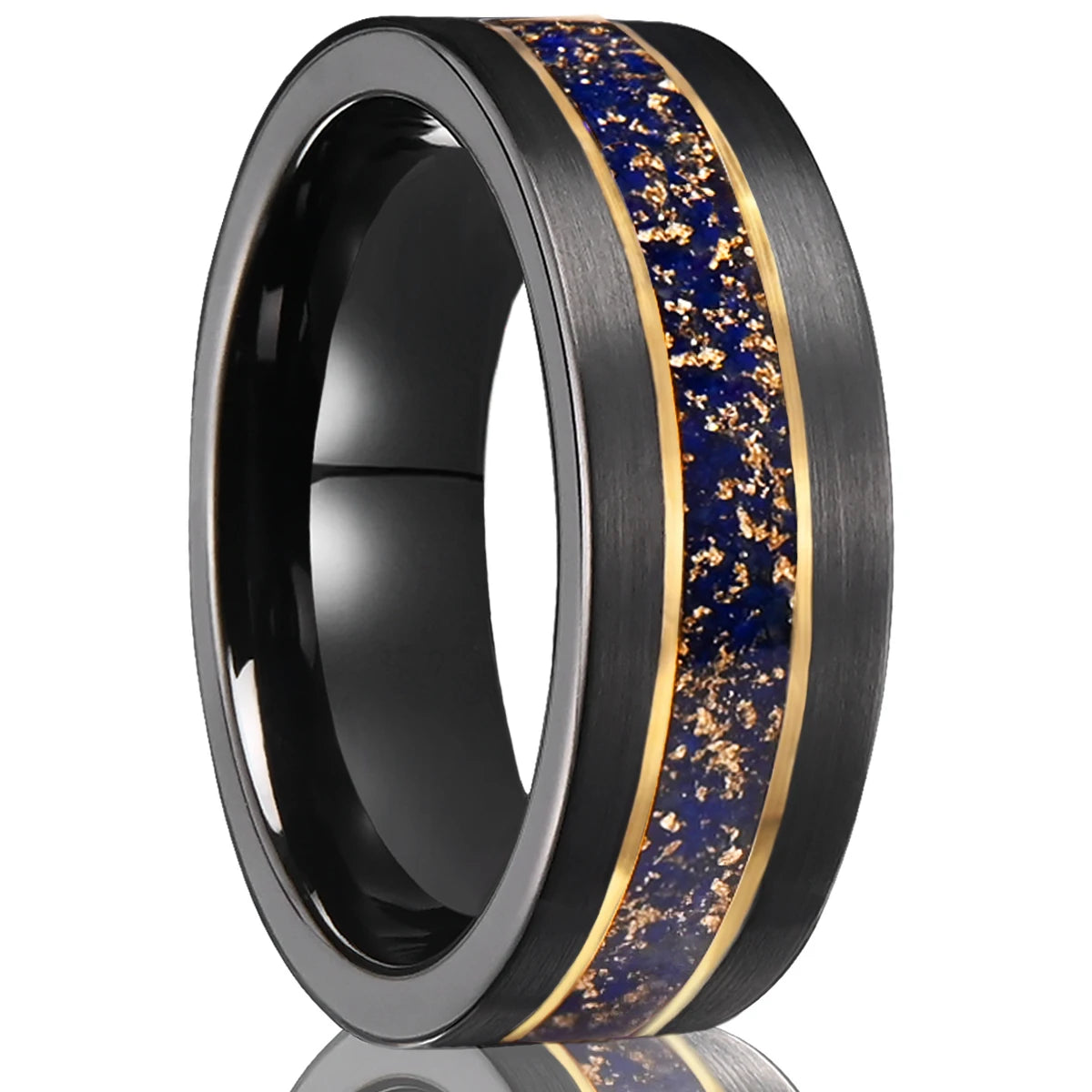 Black Tungsten Ring with Gold Edge and Lapis Lazuli Inlay