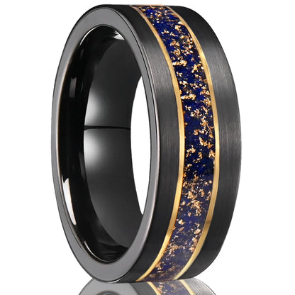Black Tungsten Ring with Gold Edge and Lapis Lazuli Inlay