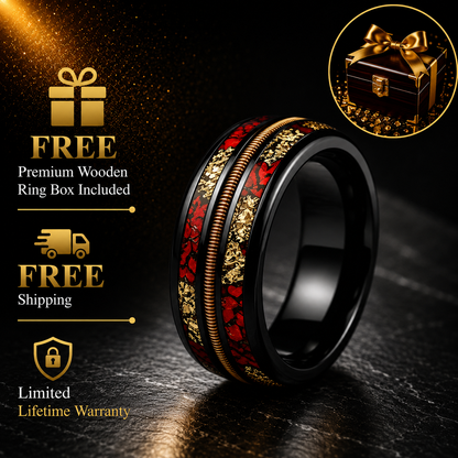 Black Tungsten Ring with Guitar String, Gold Foil & Red Opal Inlay