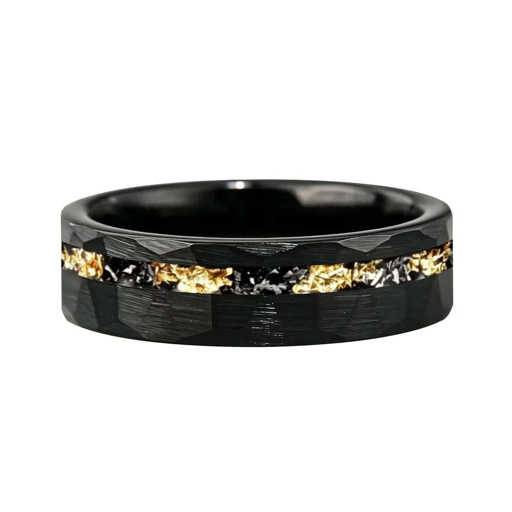 Black Tungsten Ring with Meteorite Gold Foil Inlay