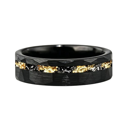 Black Tungsten Ring with Meteorite Gold Foil Inlay