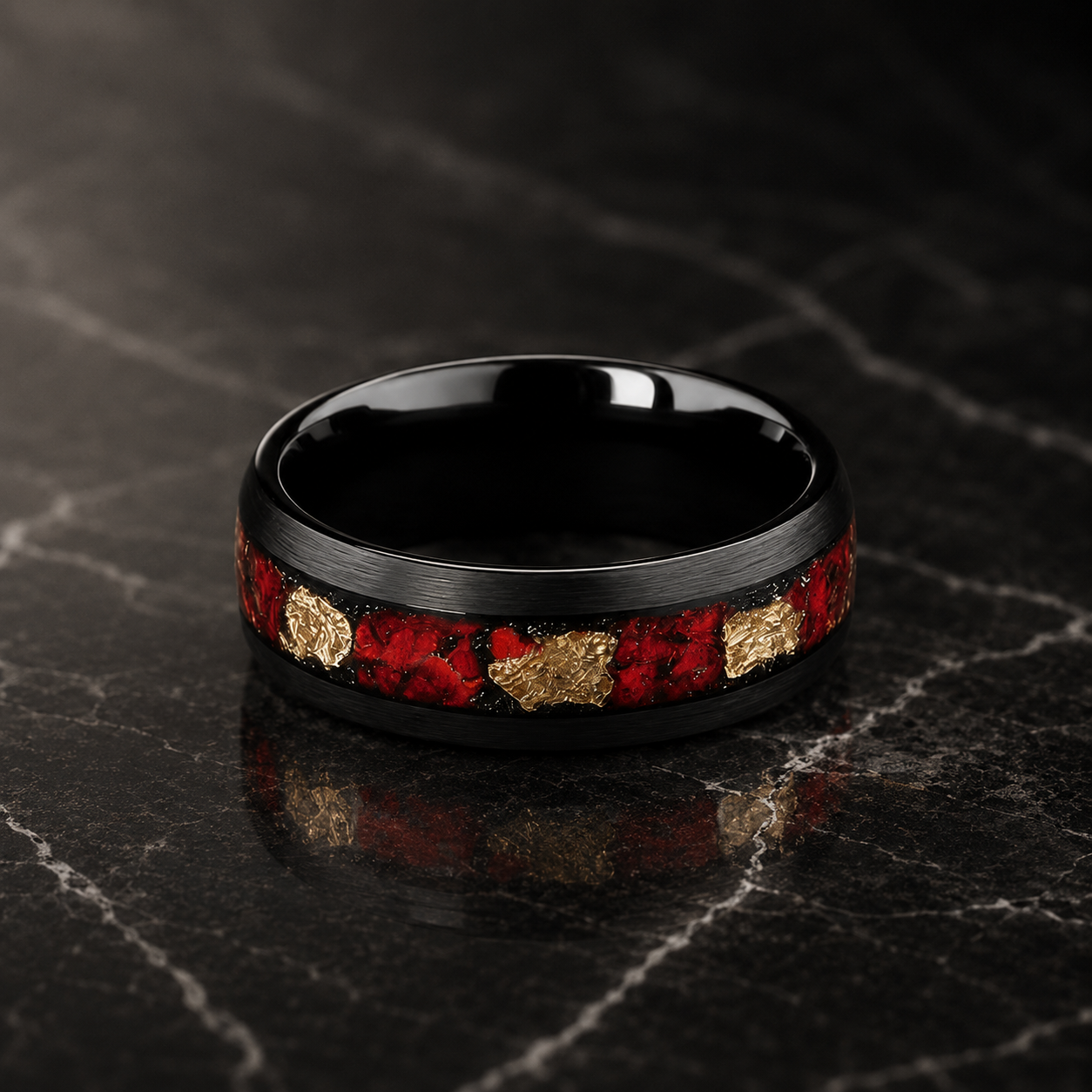 Black Tungsten Ring with Opal & Gold Leaf Inlay