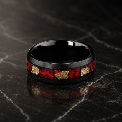 Black Tungsten Ring with Opal & Gold Leaf Inlay