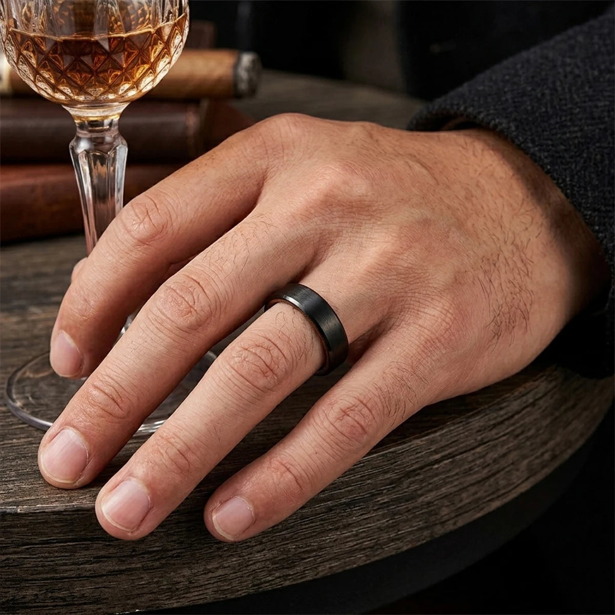 Black Tungsten Ring with Whiskey Barrel Wood Interior
