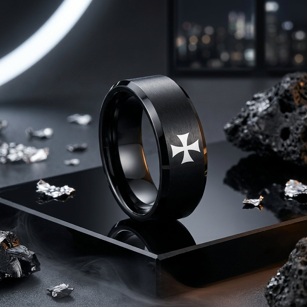 Black Tungsten Ring with cross