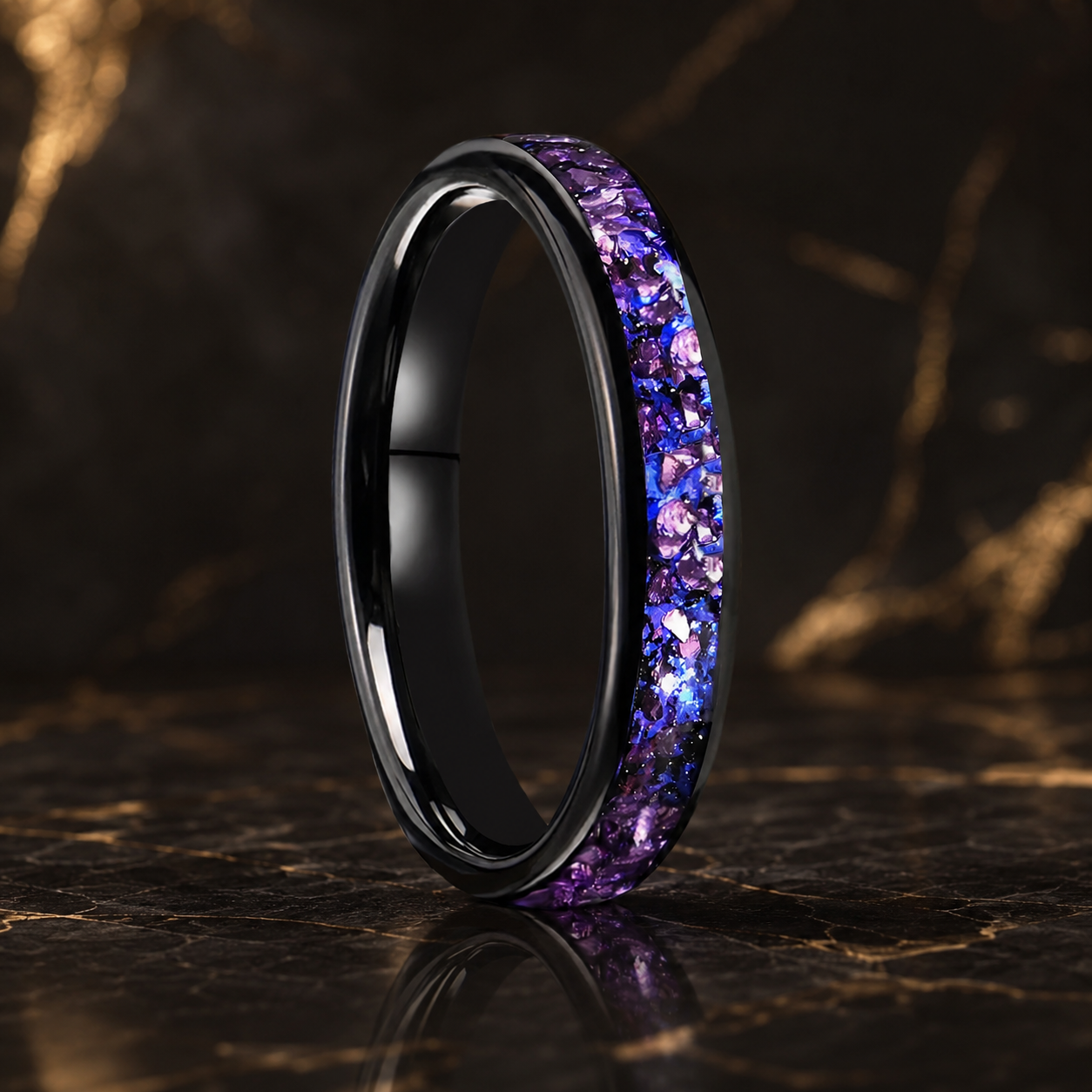 Black Tungsten Ring with Amethyst Inlay