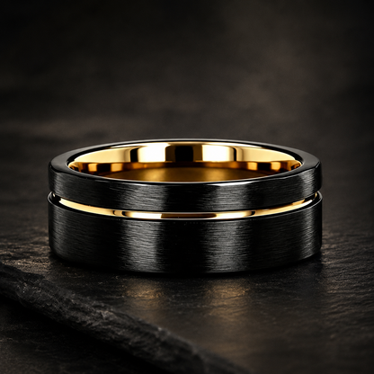 Black Tungsten Ring with Blue Groove Line & Blue Inner Band