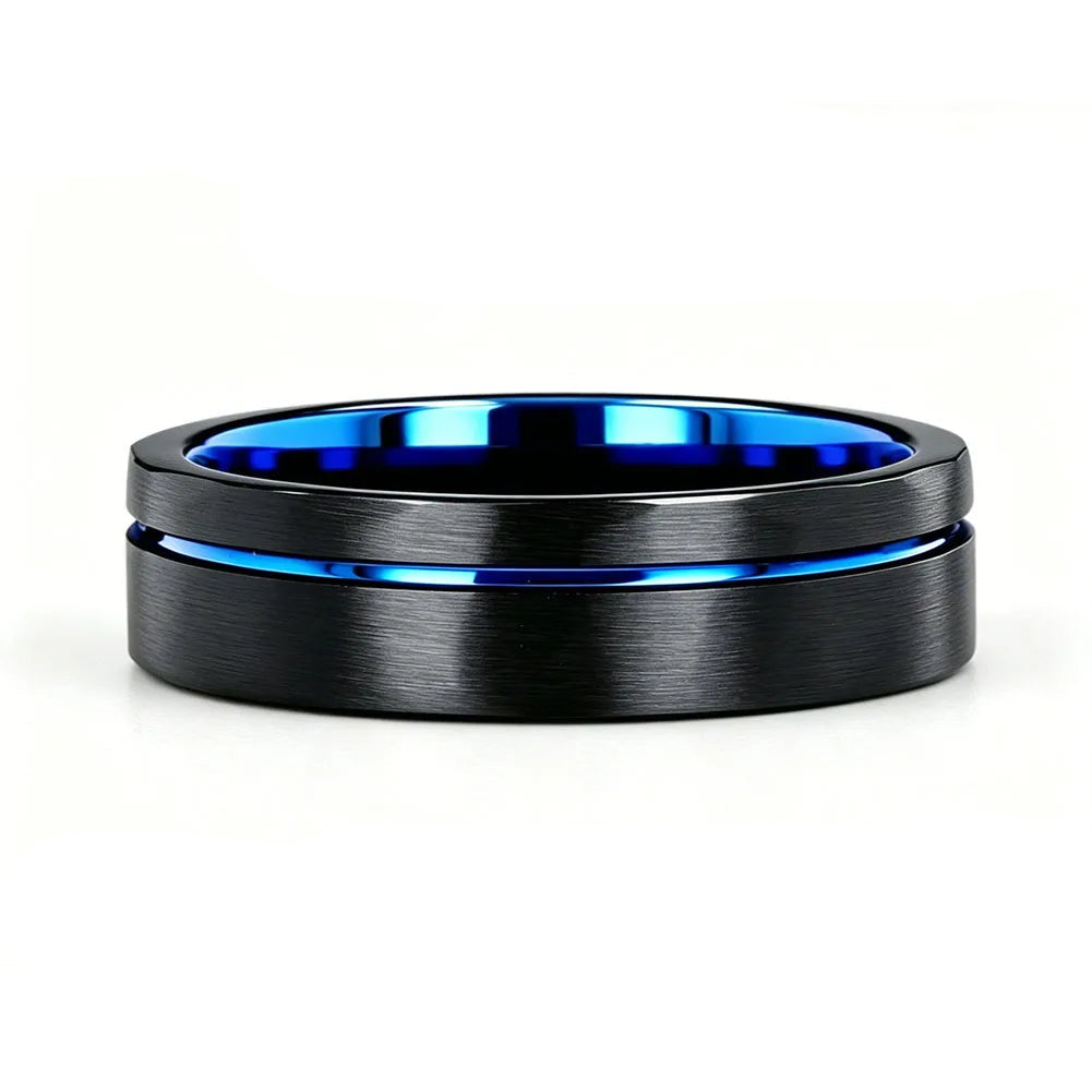 Black Tungsten Ring with Blue Groove Line & Blue Inner Band