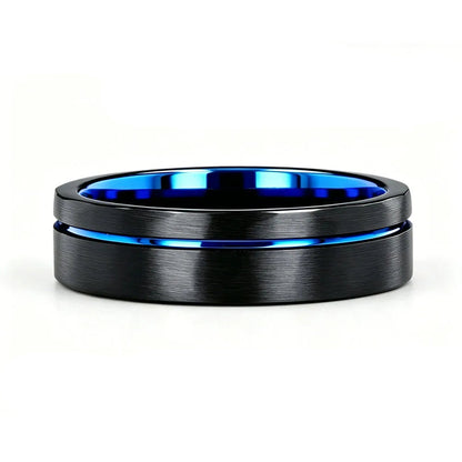 Black Tungsten Ring with Blue Groove Line & Blue Inner Band