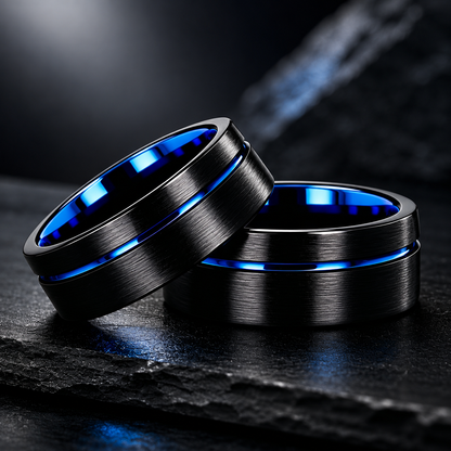 Black Tungsten Ring with Blue Groove Line & Blue Inner Band