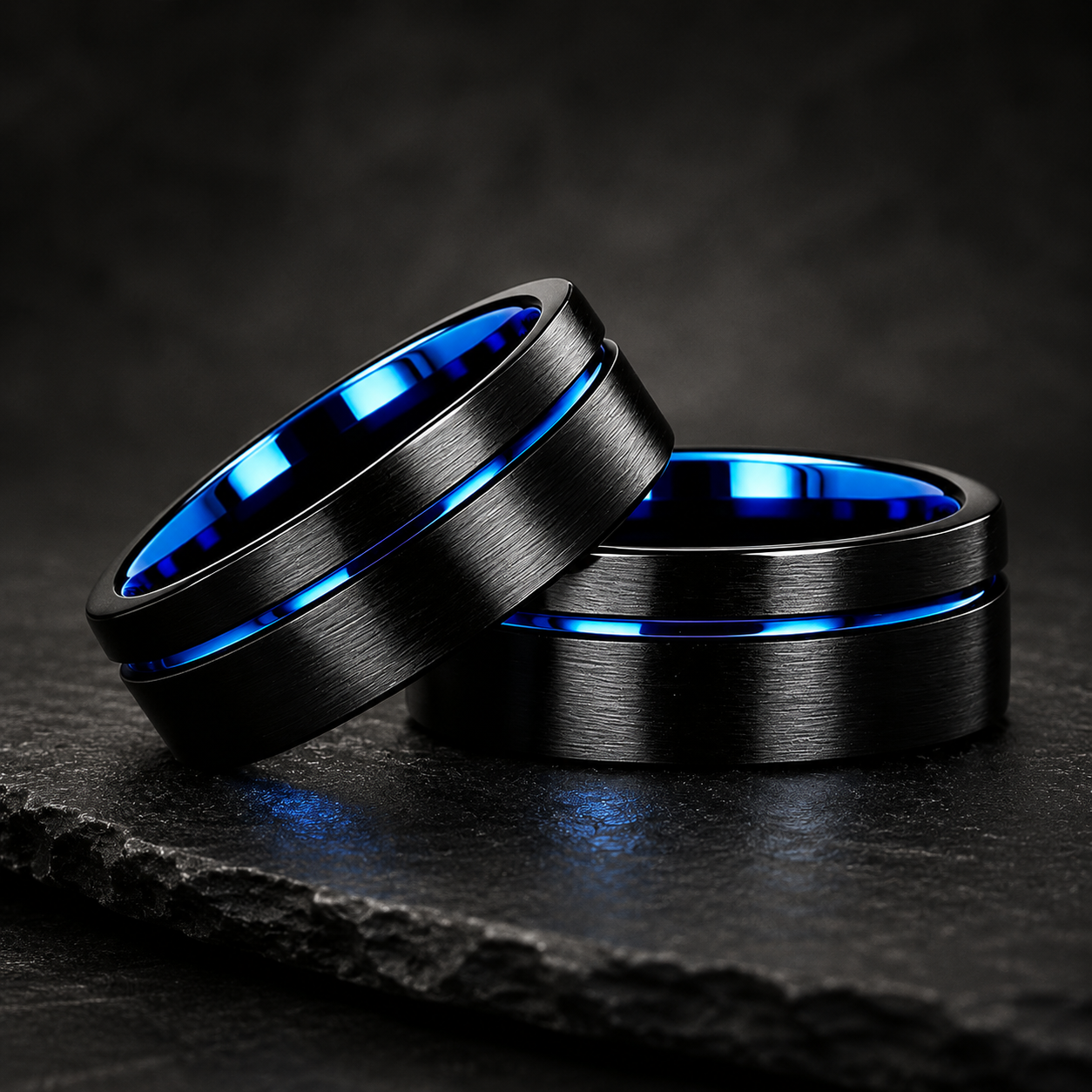 Black Tungsten Ring with Blue Groove Line & Blue Inner Band