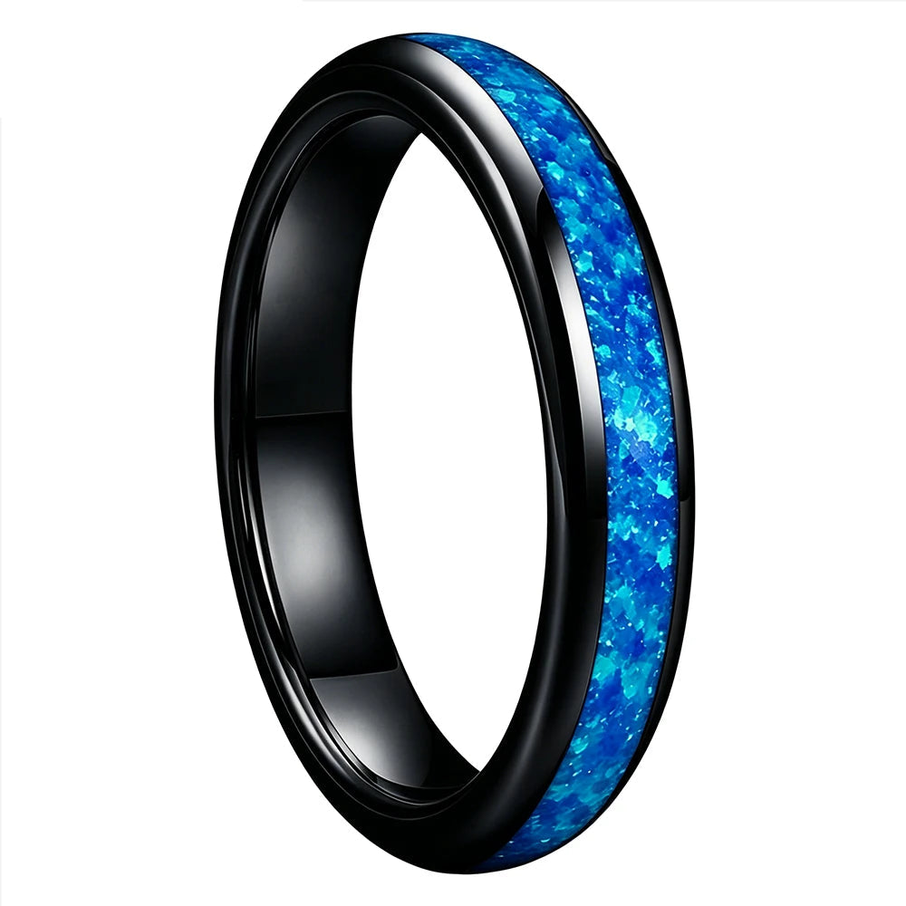 Black Tungsten Ring with Blue Opal Inlay