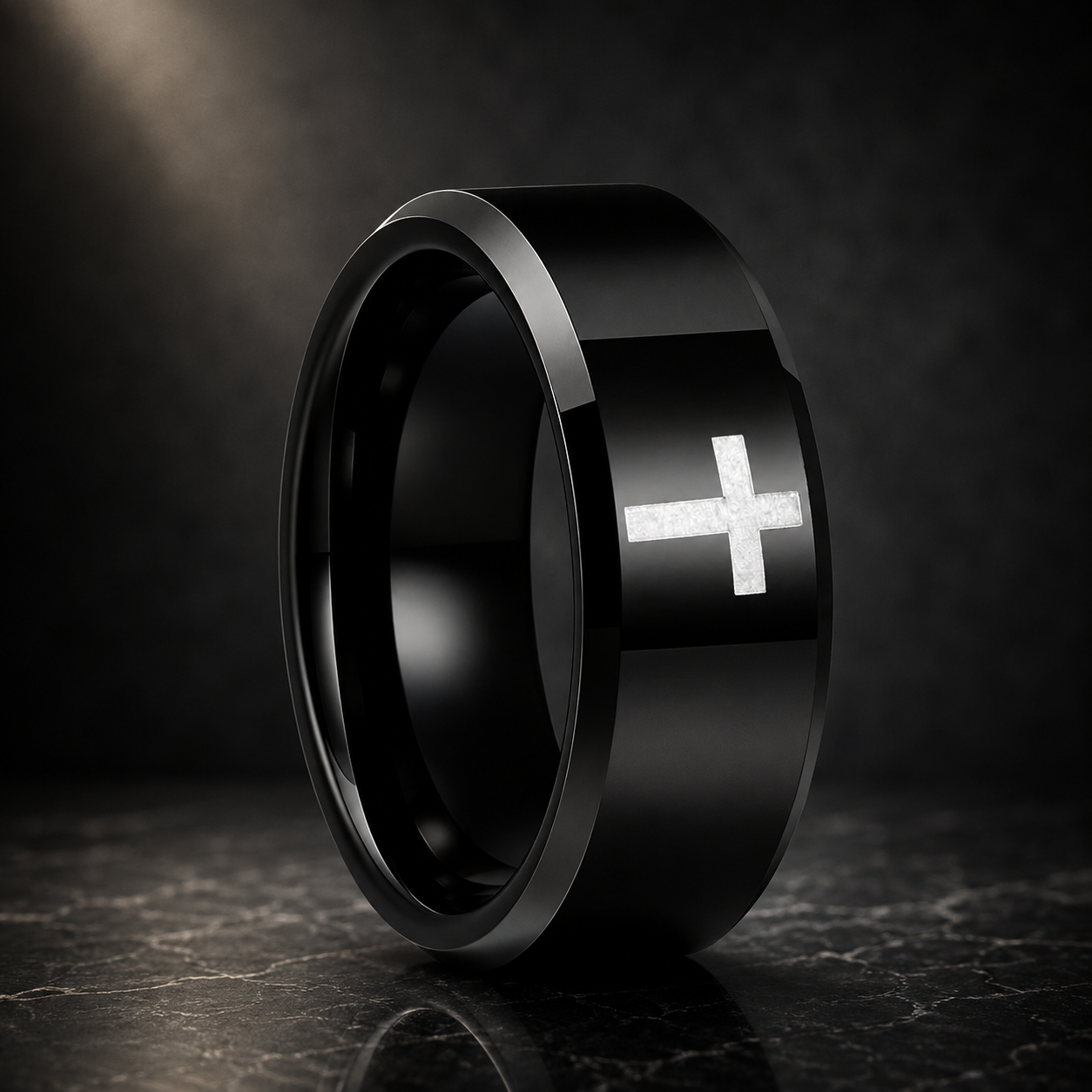 The Darkross — Black Tungsten Ring with Cross Design