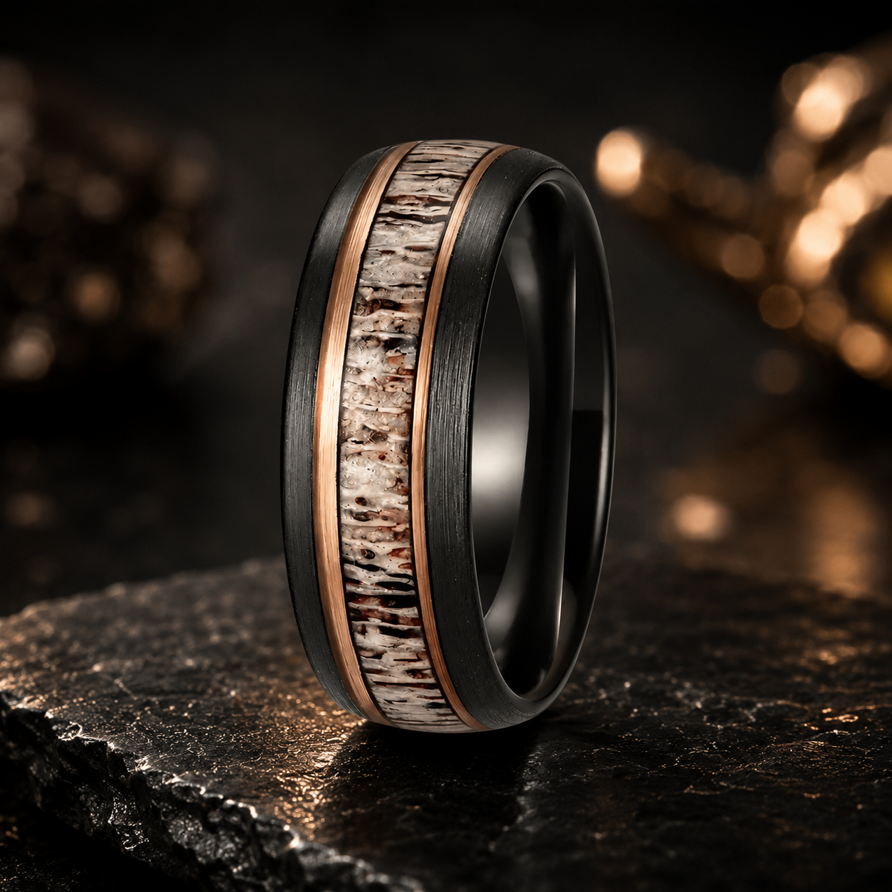 Black Tungsten Ring with Deer Antler & Rose Gold Strip
