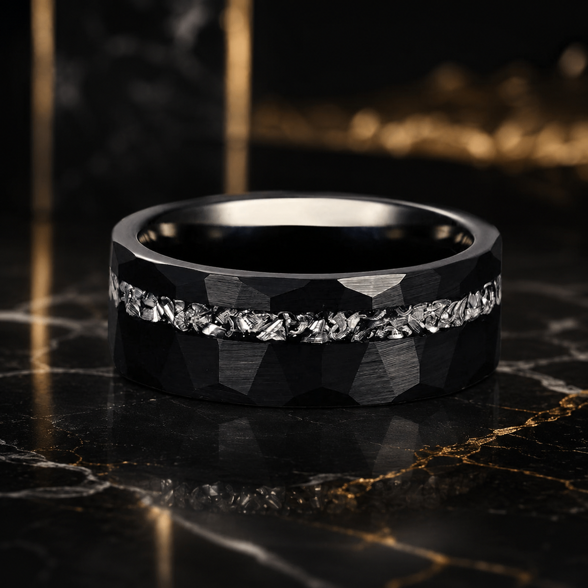 Black Tungsten Ring with Genuine Meteorite Inlay