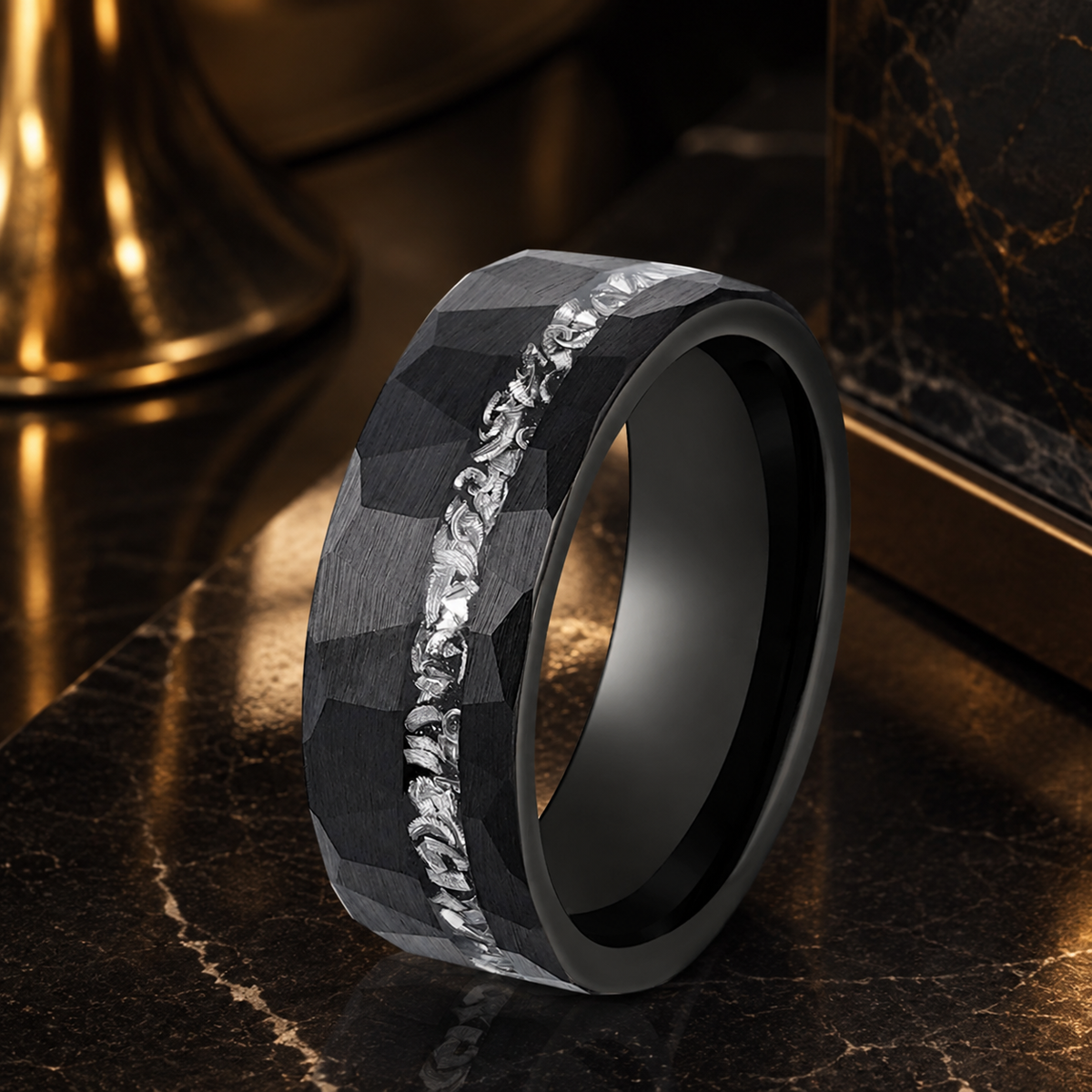 Black Tungsten Ring with Genuine Meteorite Inlay