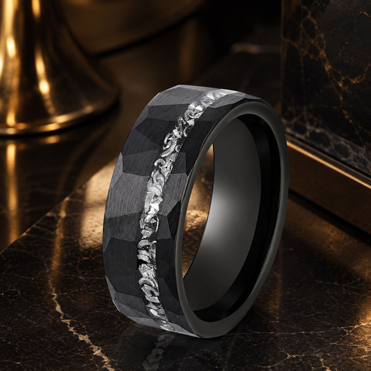 Black Tungsten Ring with Genuine Meteorite Inlay