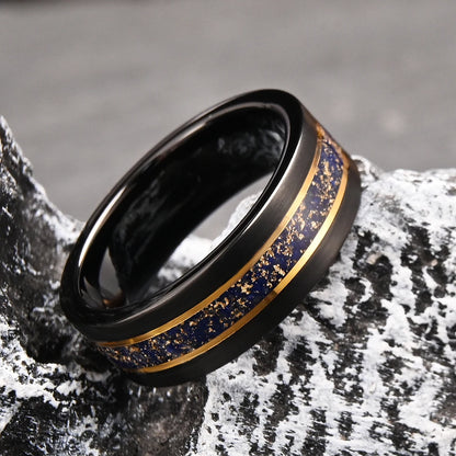 Black Tungsten Ring with Gold Edge and Lapis Lazuli Inlay