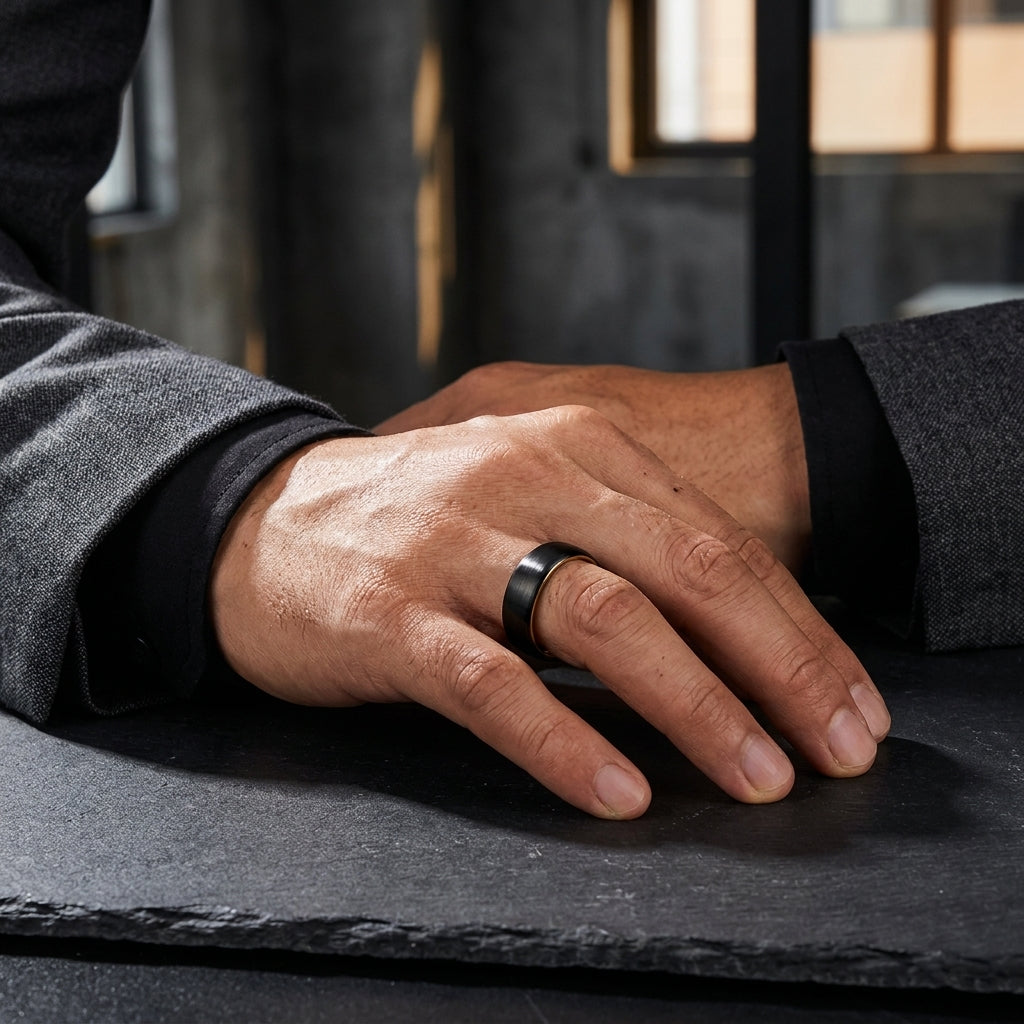 8MM Black Tungsten Ring with Gold Accents