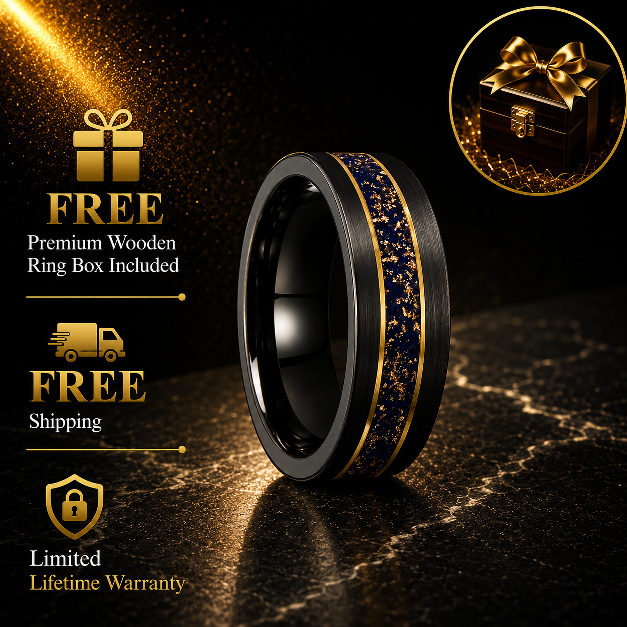 Black Tungsten Ring with Gold Edge & Lazuli Inlay