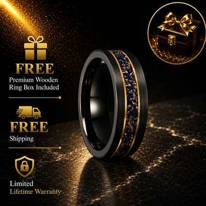 Black Tungsten Ring with Gold Edge & Lazuli Inlay