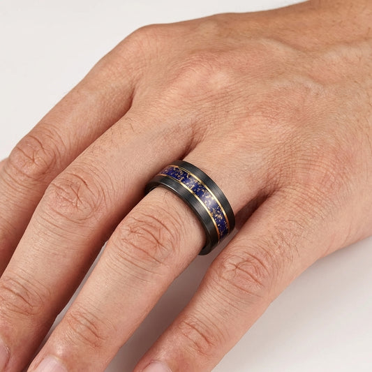 Black Tungsten Ring with Gold Edge & Lazuli Inlay