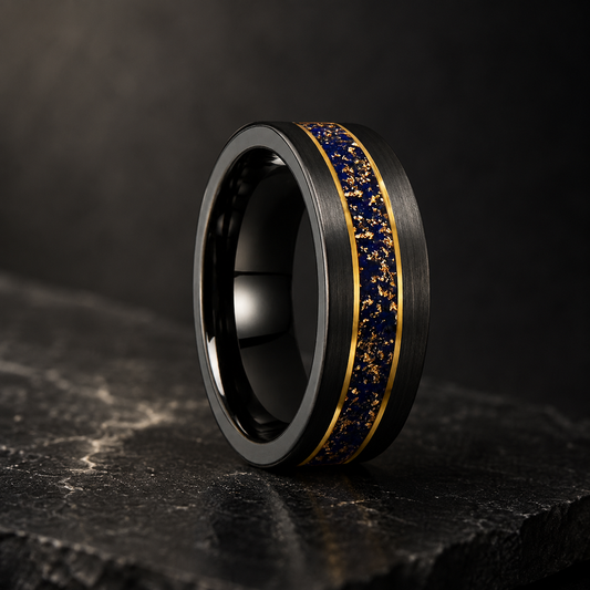 Black Tungsten Ring with Gold Edge & Lazuli Inlay