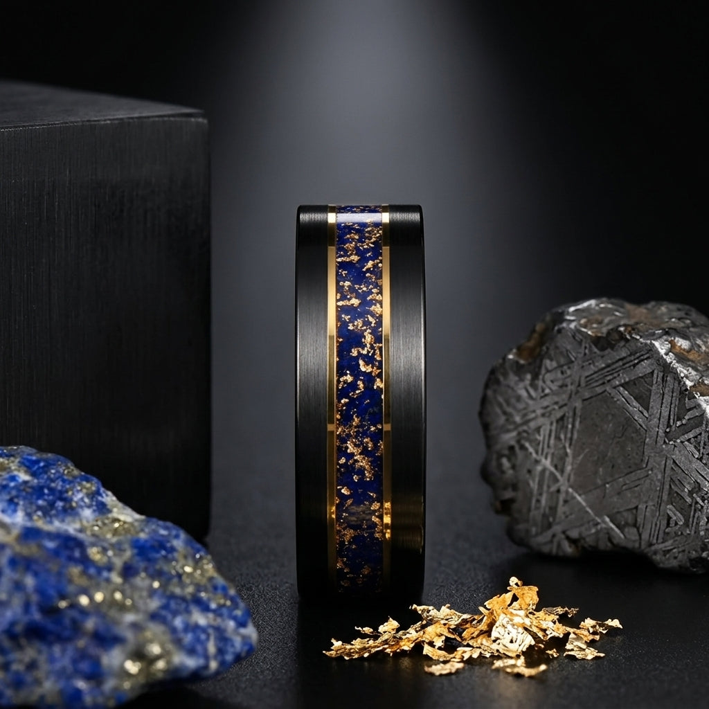 Black Tungsten Ring with Gold Edge and Lapis Lazuli Inlay
