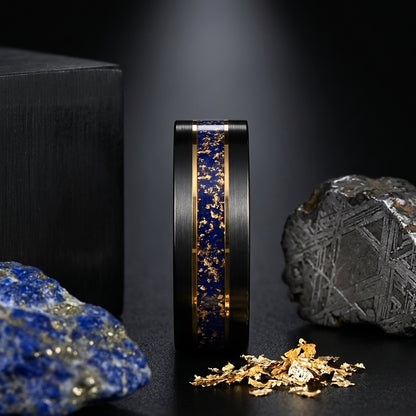 Black Tungsten Ring with Gold Edge and Lapis Lazuli Inlay