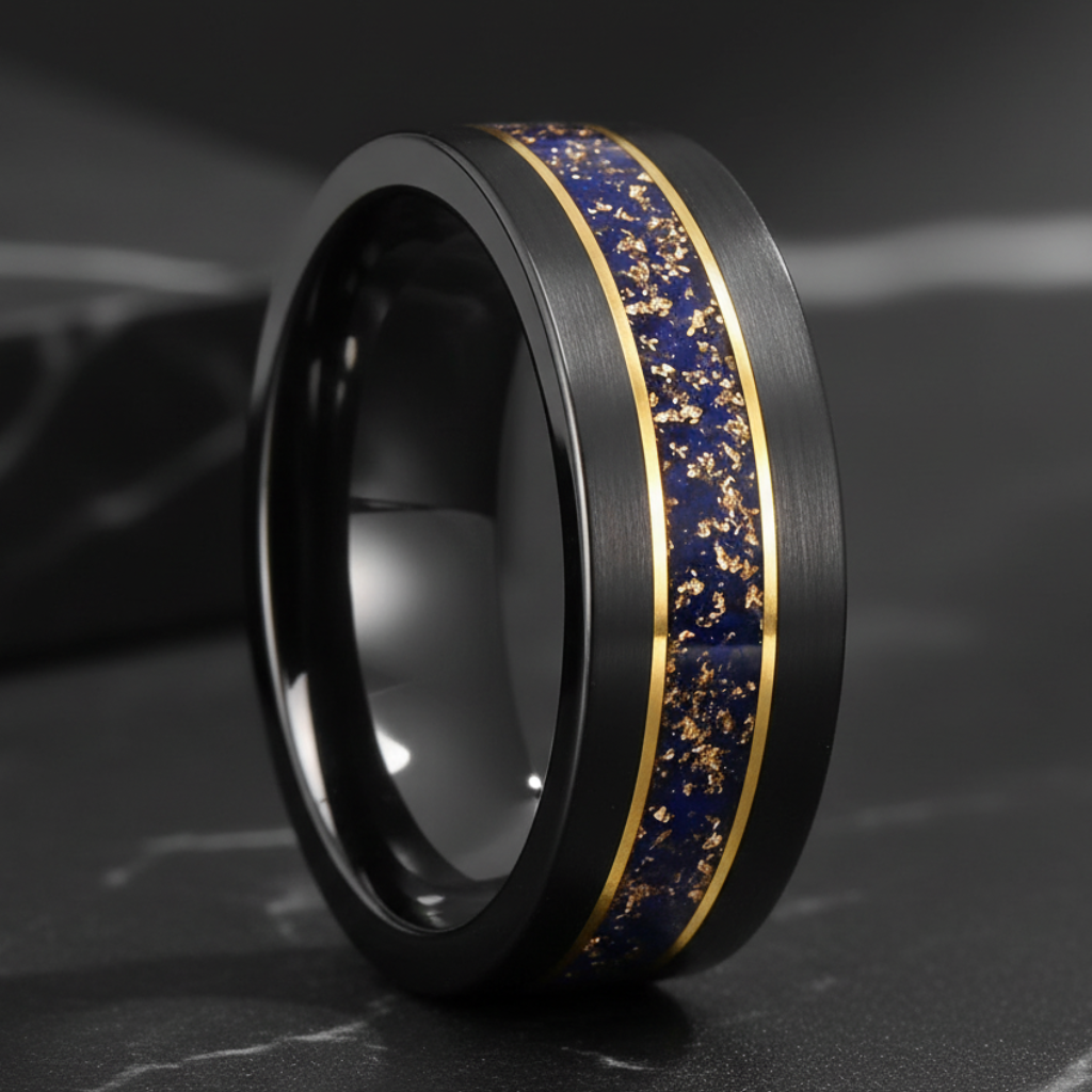 Black Tungsten Ring with Gold Edge and Lapis Lazuli Inlay
