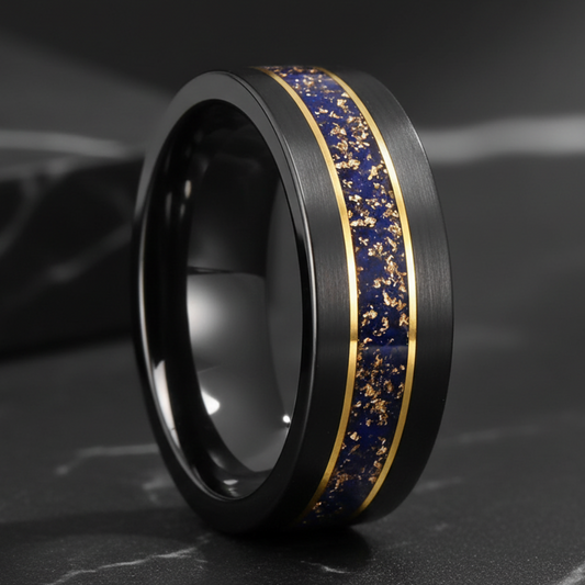 Black Tungsten Ring with Gold Edge and Lapis Lazuli Inlay