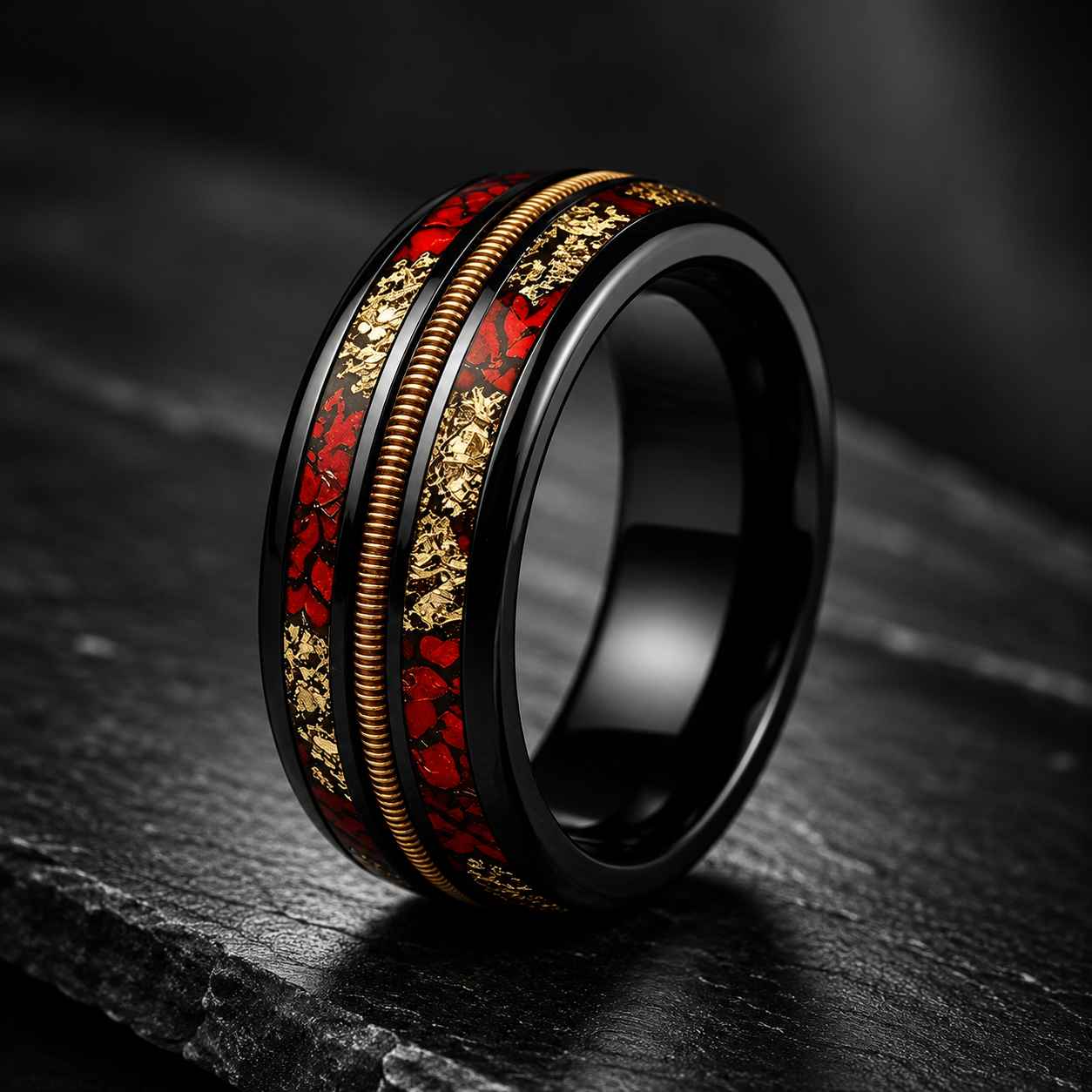 Black Tungsten Ring with Guitar String, Gold Foil & Red Opal Inlay