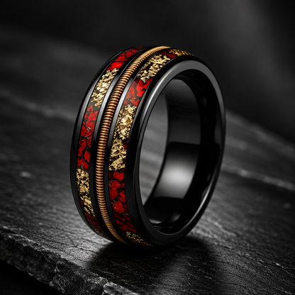 Black Tungsten Ring with Guitar String, Gold Foil & Red Opal Inlay