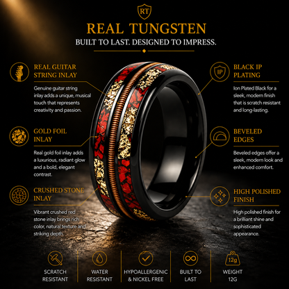 Black Tungsten Ring with Guitar String, Gold Foil